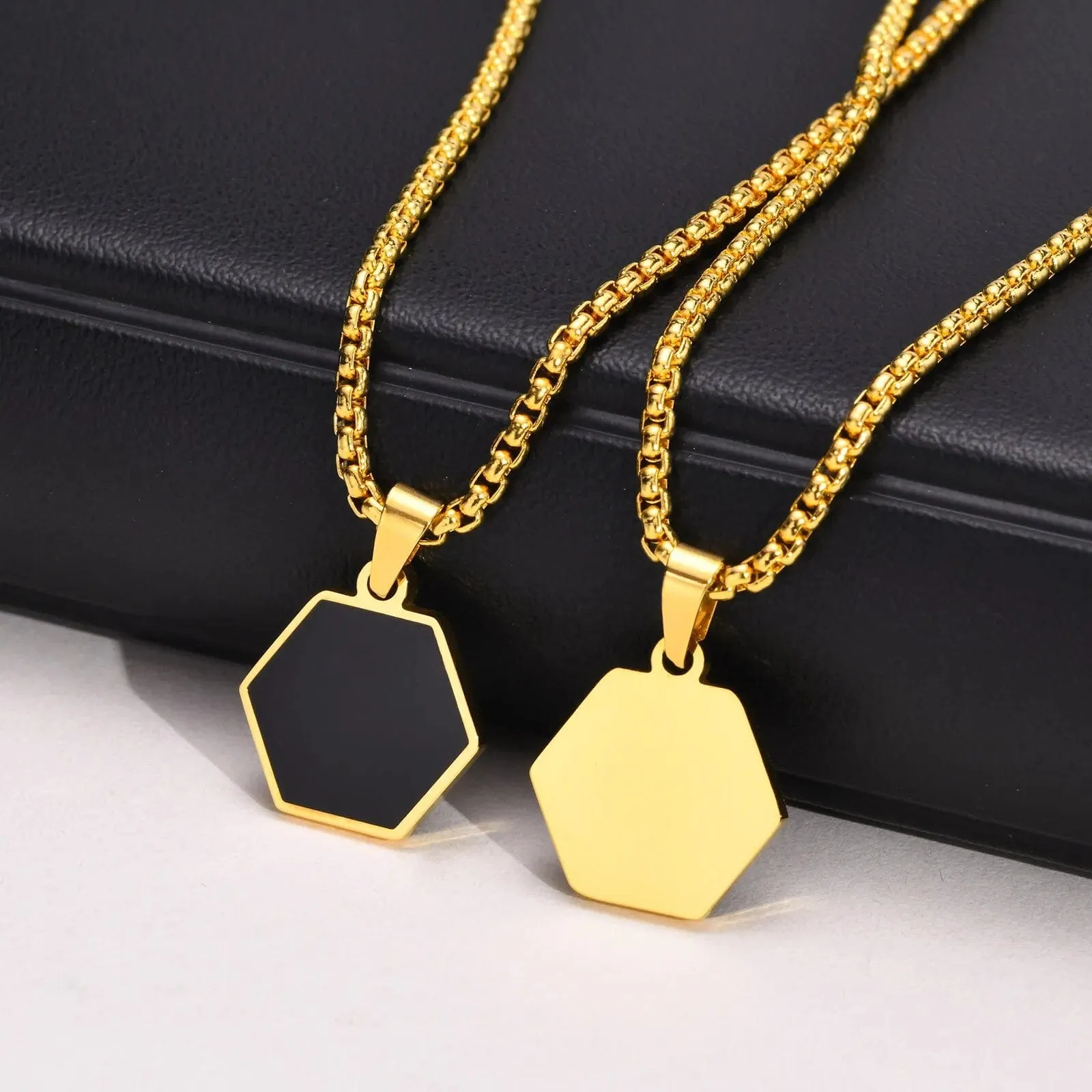 Men's Geometric Square Necklace: Stylish Gold Tone, Black Enamel Rectangle Pendant on Rope Box Chain Collar - Unique Gift Jewelry