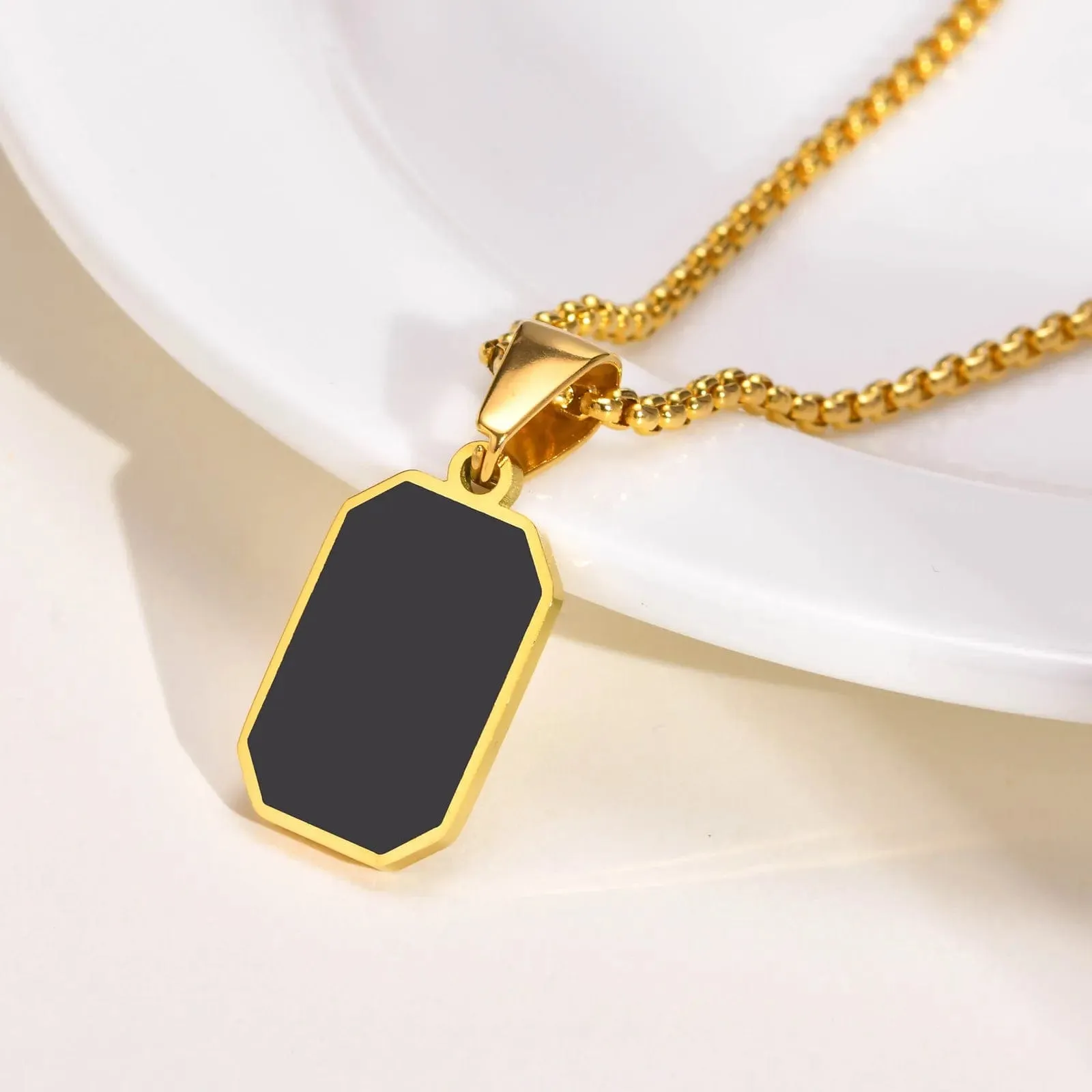 Men's Geometric Square Necklace: Stylish Gold Tone, Black Enamel Rectangle Pendant on Rope Box Chain Collar - Unique Gift Jewelry
