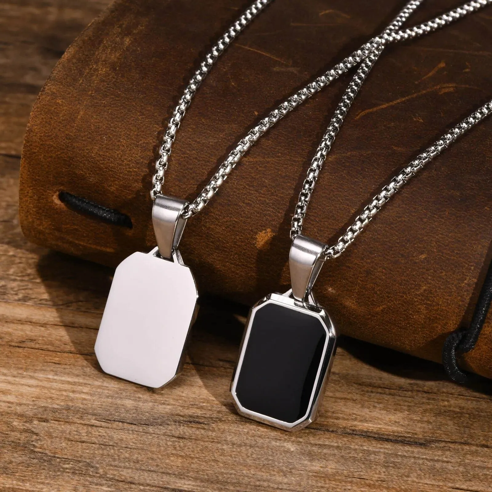Men's Geometric Square Necklace: Stylish Gold Tone, Black Enamel Rectangle Pendant on Rope Box Chain Collar - Unique Gift Jewelry