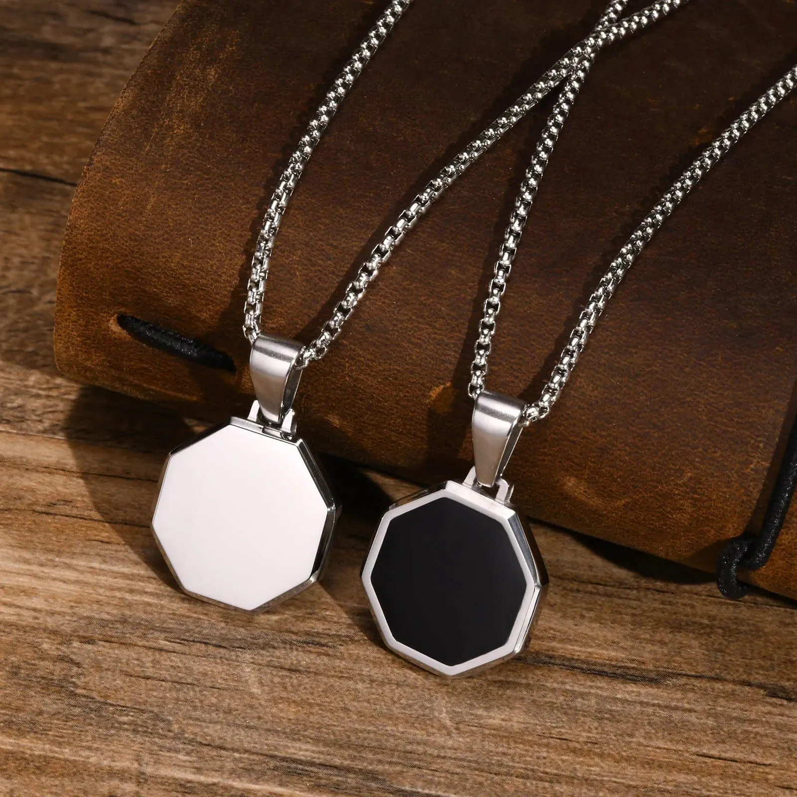 Men's Geometric Square Necklace: Stylish Gold Tone, Black Enamel Rectangle Pendant on Rope Box Chain Collar - Unique Gift Jewelry