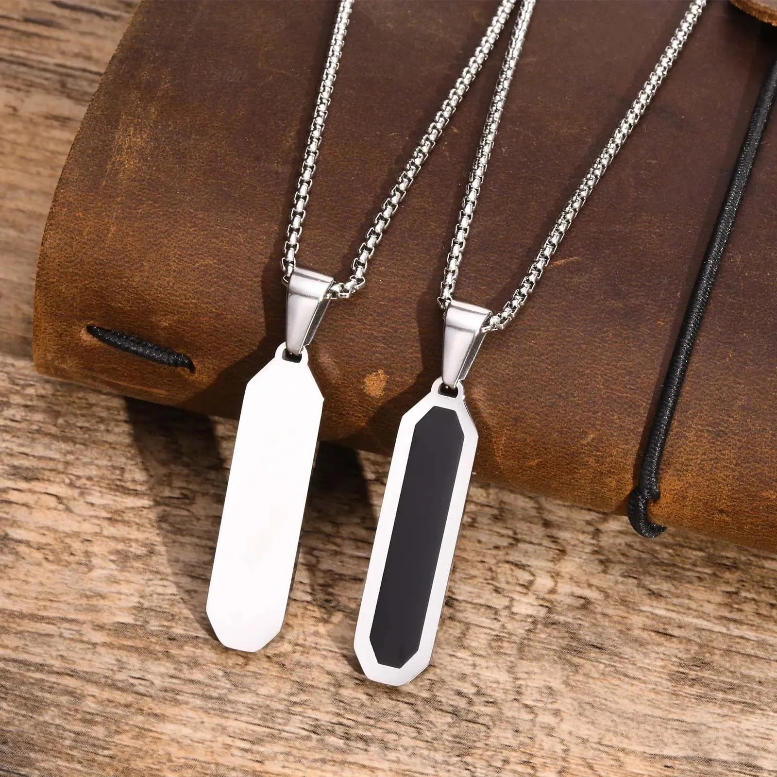 Men's Geometric Square Necklace: Stylish Gold Tone, Black Enamel Rectangle Pendant on Rope Box Chain Collar - Unique Gift Jewelry