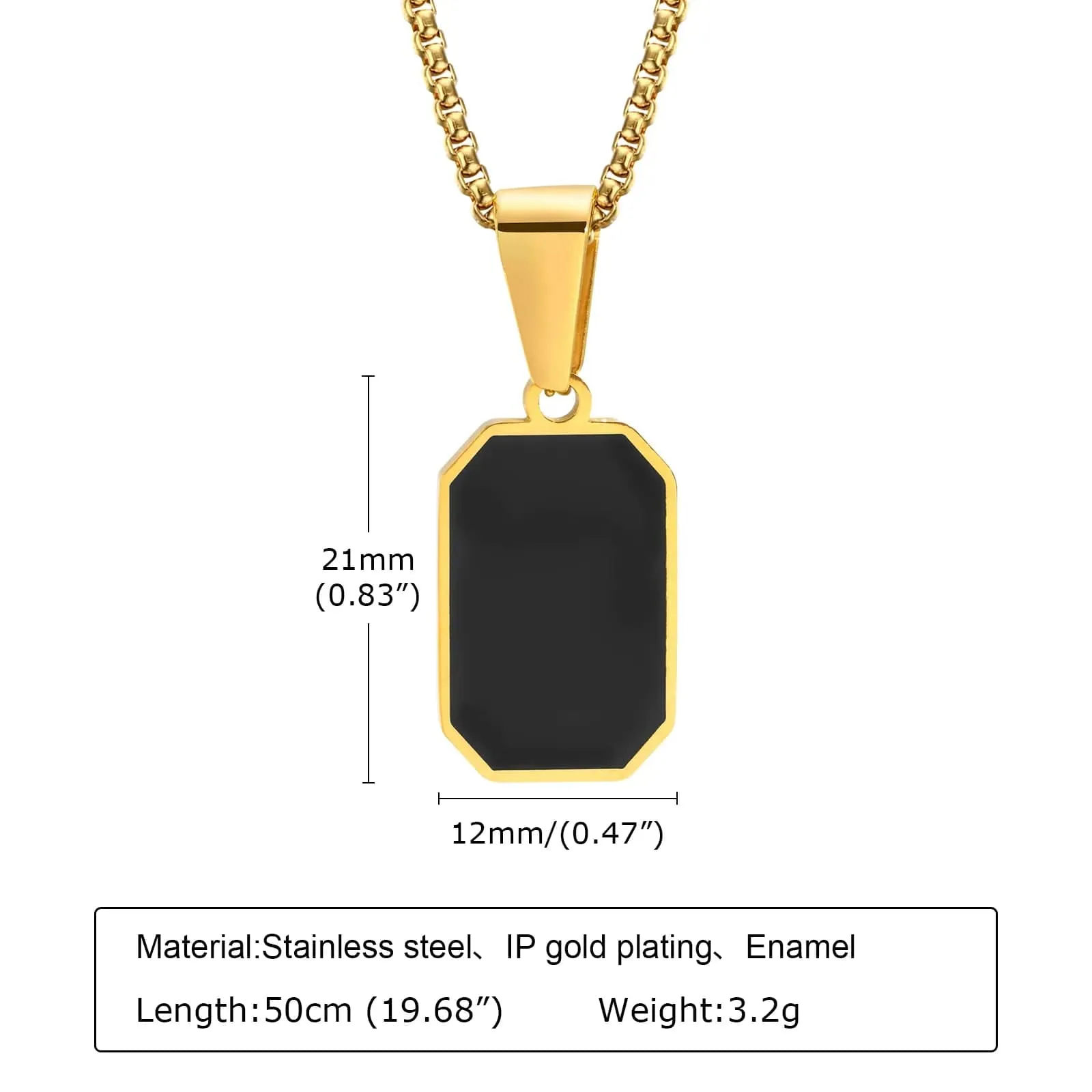 Men's Geometric Square Necklace: Stylish Gold Tone, Black Enamel Rectangle Pendant on Rope Box Chain Collar - Unique Gift Jewelry