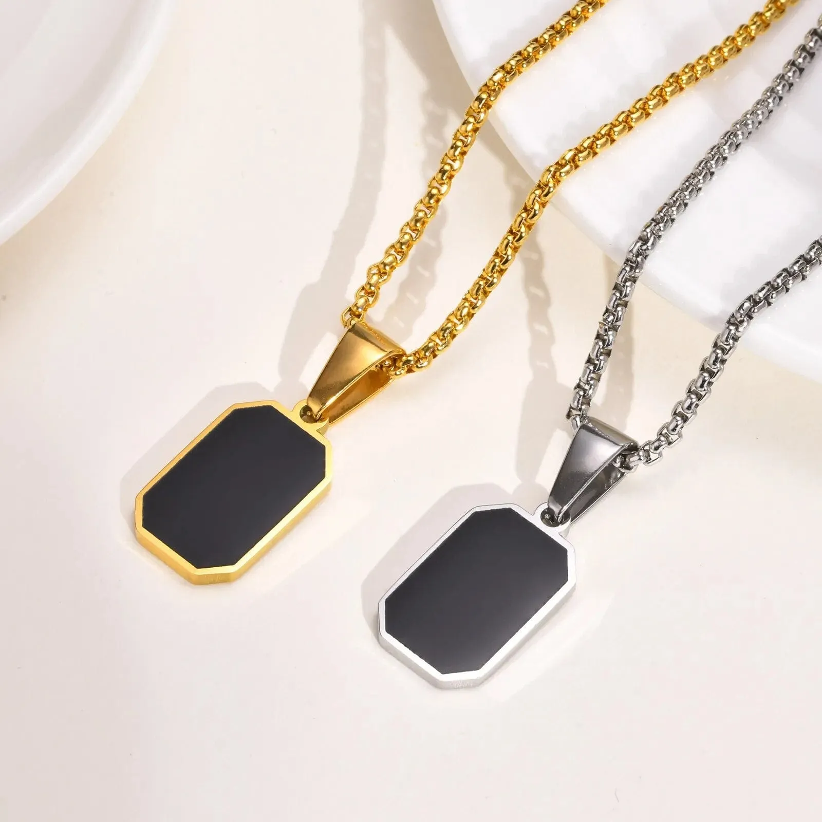 Men's Geometric Square Necklace: Stylish Gold Tone, Black Enamel Rectangle Pendant on Rope Box Chain Collar - Unique Gift Jewelry