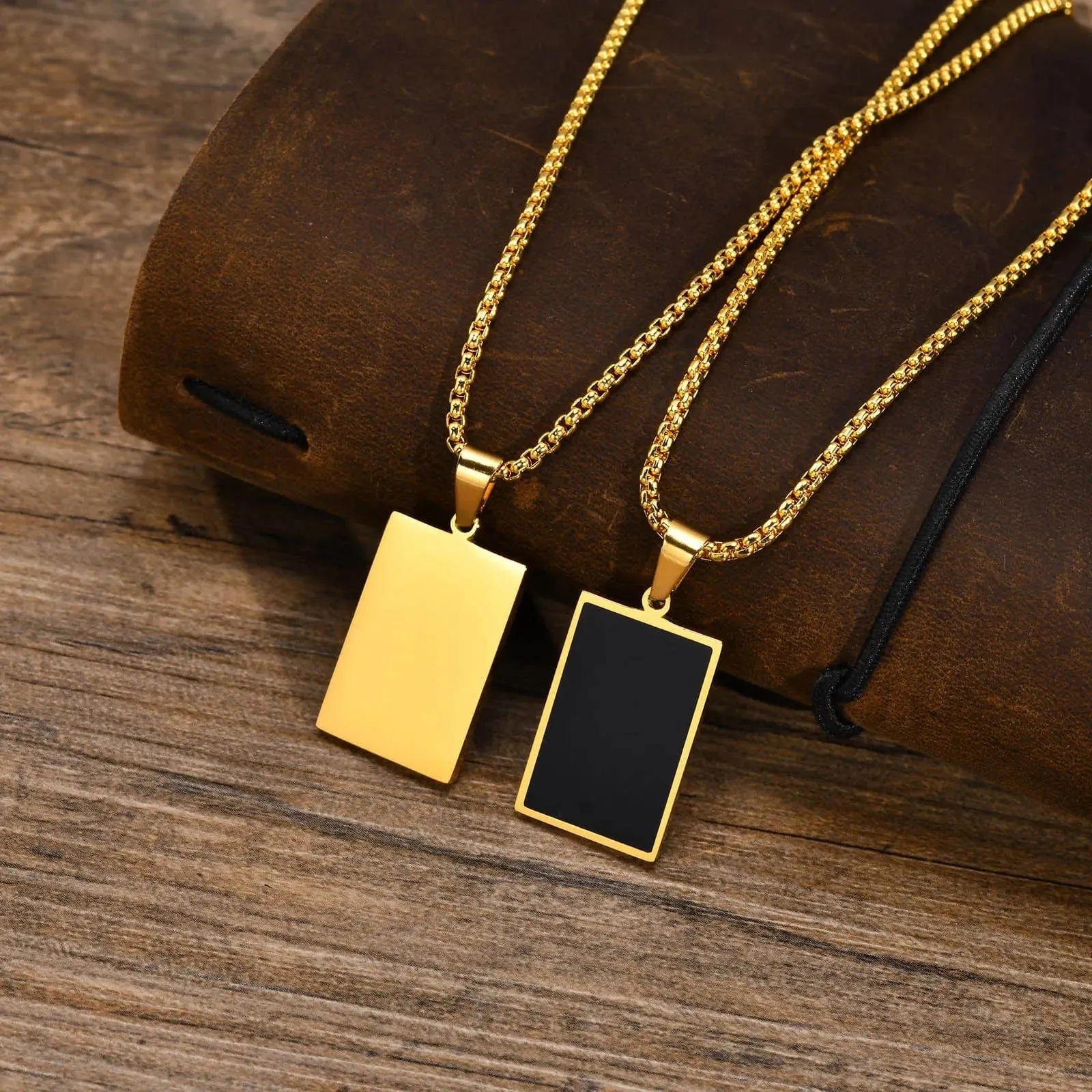 Men's Geometric Square Necklace: Stylish Gold Tone, Black Enamel Rectangle Pendant on Rope Box Chain Collar - Unique Gift Jewelry