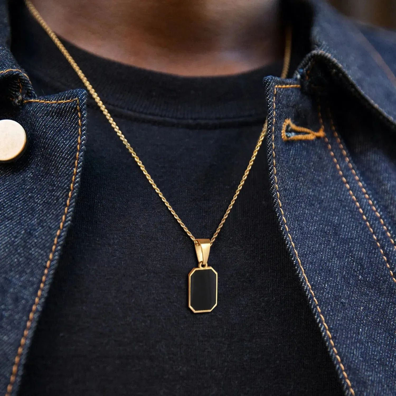 Men's Geometric Square Necklace: Stylish Gold Tone, Black Enamel Rectangle Pendant on Rope Box Chain Collar - Unique Gift Jewelry