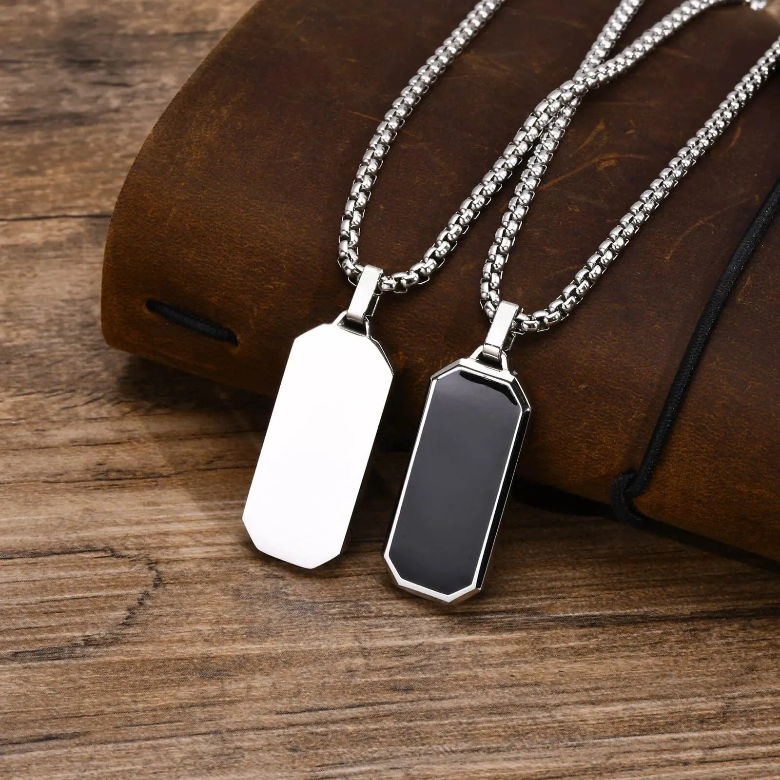 Men's Geometric Square Necklace: Stylish Gold Tone, Black Enamel Rectangle Pendant on Rope Box Chain Collar - Unique Gift Jewelry