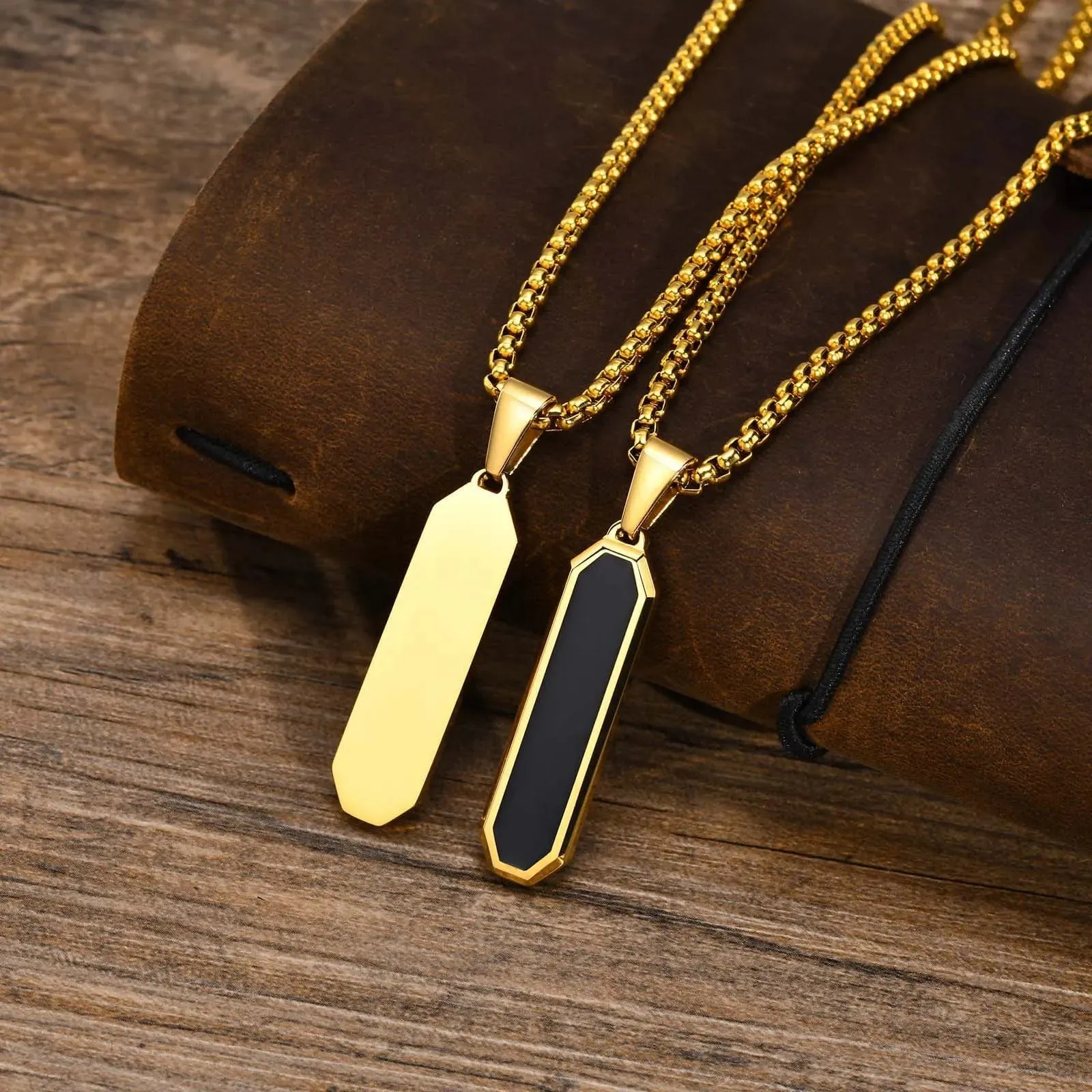 Men's Geometric Square Necklace: Stylish Gold Tone, Black Enamel Rectangle Pendant on Rope Box Chain Collar - Unique Gift Jewelry