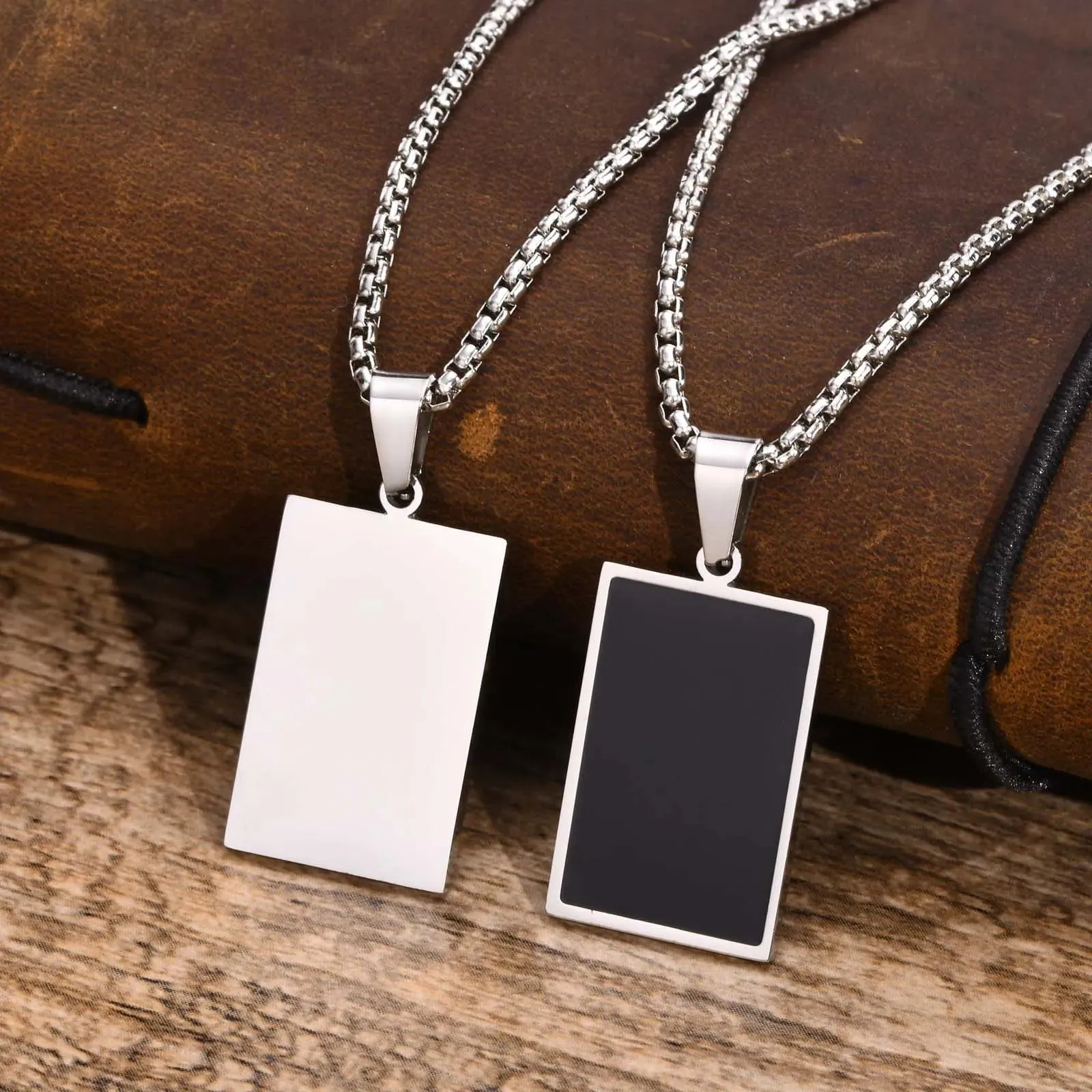 Men's Geometric Square Necklace: Stylish Gold Tone, Black Enamel Rectangle Pendant on Rope Box Chain Collar - Unique Gift Jewelry