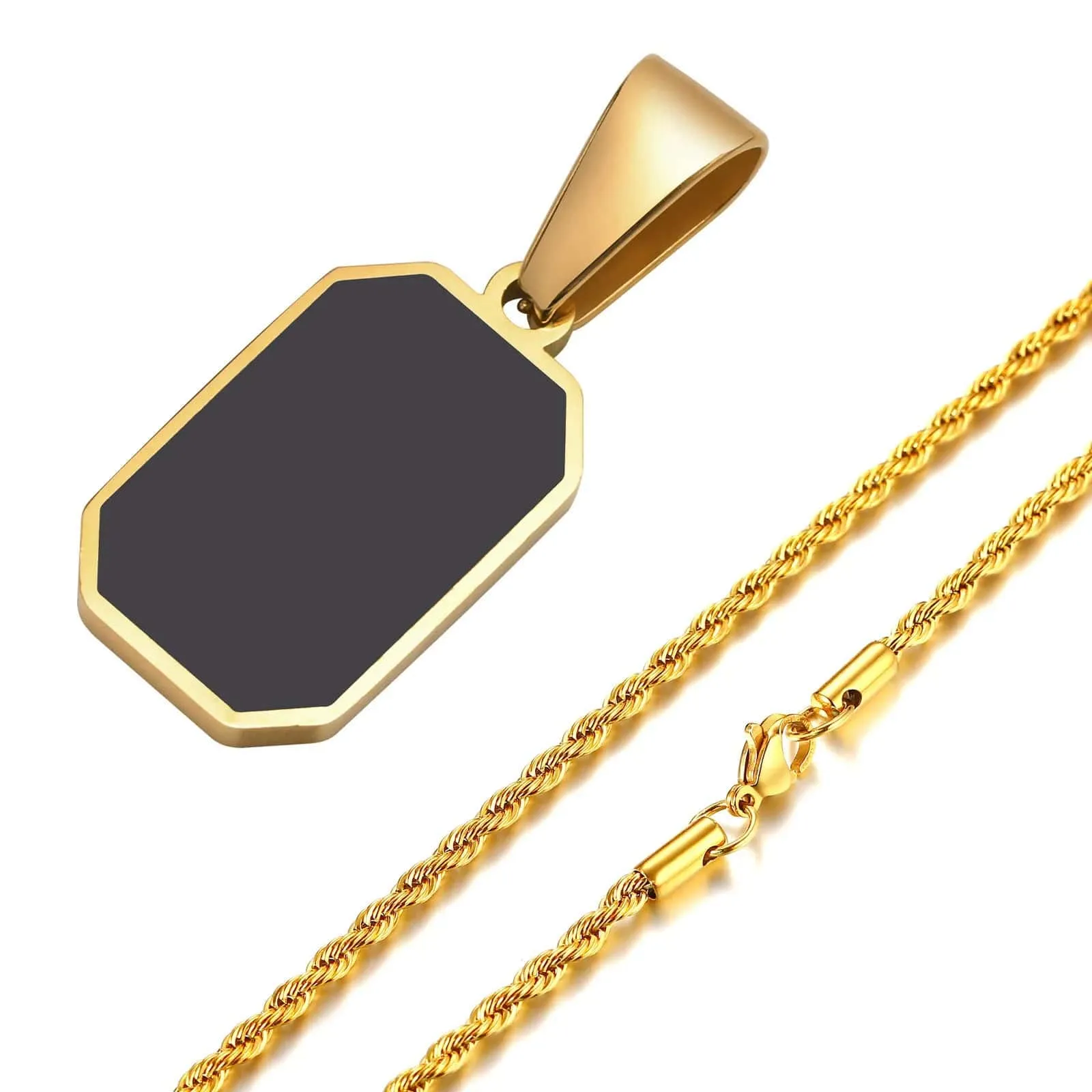Men's Geometric Square Necklace: Stylish Gold Tone, Black Enamel Rectangle Pendant on Rope Box Chain Collar - Unique Gift Jewelry