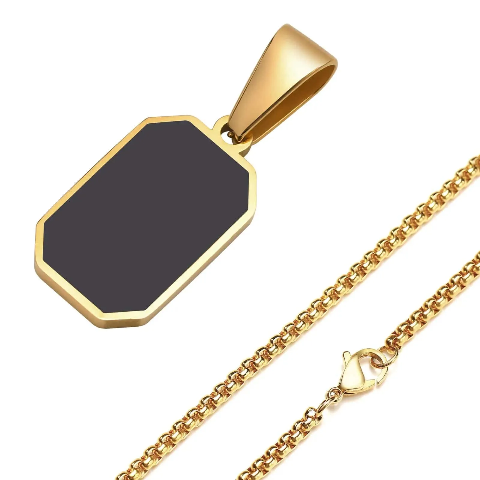Men's Geometric Square Necklace: Stylish Gold Tone, Black Enamel Rectangle Pendant on Rope Box Chain Collar - Unique Gift Jewelry