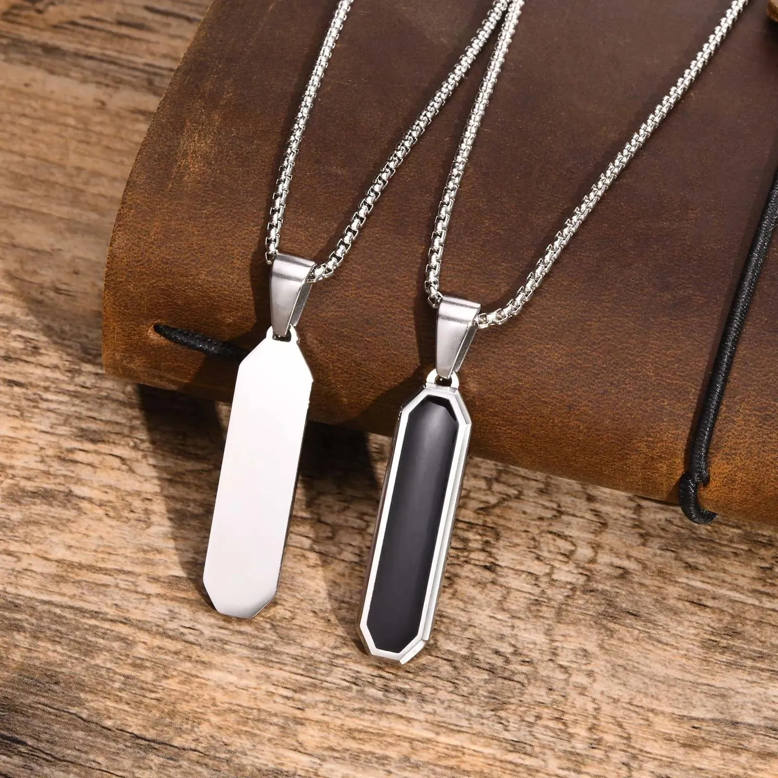 Men's Geometric Square Necklace: Stylish Gold Tone, Black Enamel Rectangle Pendant on Rope Box Chain Collar - Unique Gift Jewelry