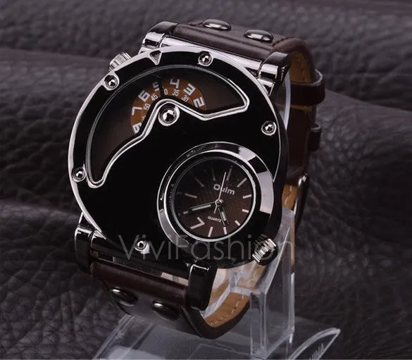 Men's Stainless Steel Leather Band Analog Quartz Clock Wrist Watch VVF