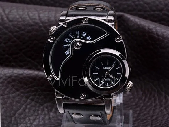 Men's Stainless Steel Leather Band Analog Quartz Clock Wrist Watch VVF