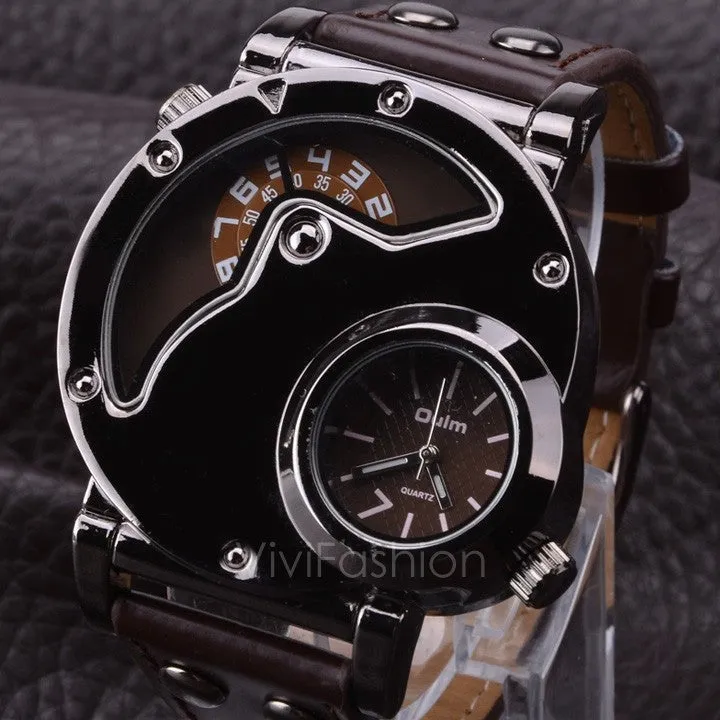 Men's Stainless Steel Leather Band Analog Quartz Clock Wrist Watch VVF