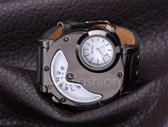 Men's Stainless Steel Leather Band Analog Quartz Clock Wrist Watch VVF