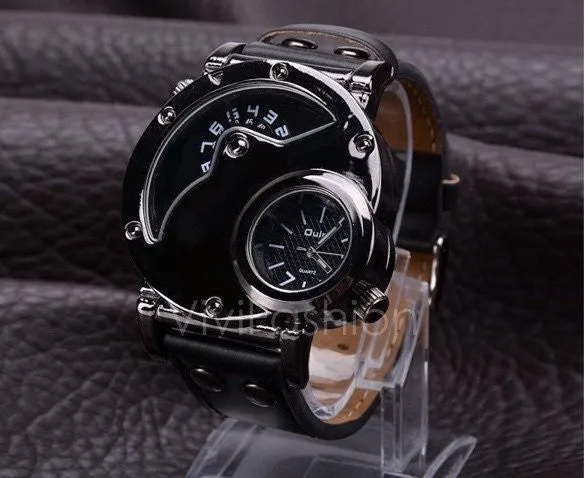Men's Stainless Steel Leather Band Analog Quartz Clock Wrist Watch VVF
