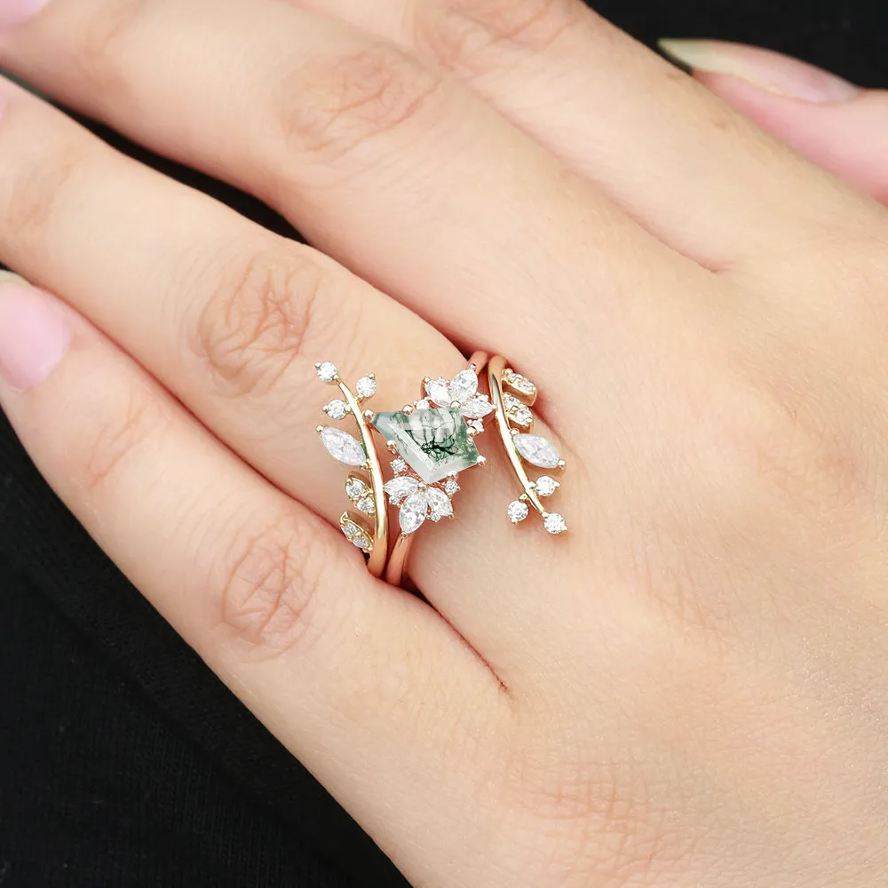 Nature Inspired Kite Cut Moss Agate Cage Leafy Ring 2pcs