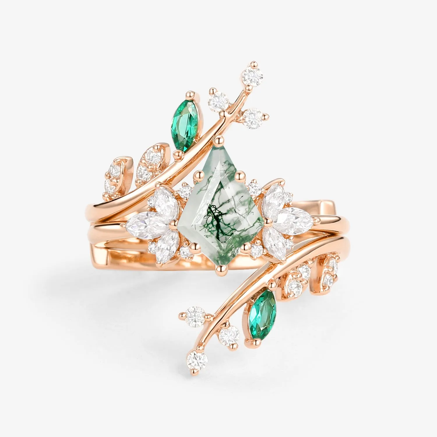 Nature Inspired Kite Cut Moss Agate Cage Leafy Ring 2pcs