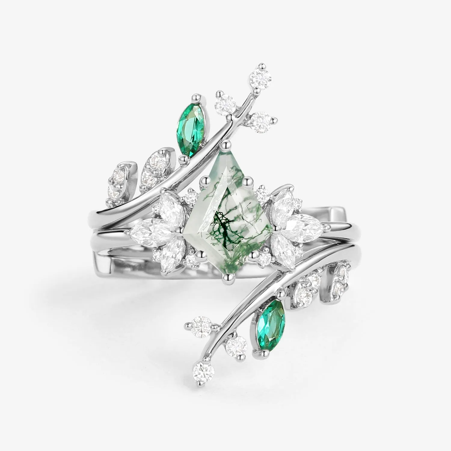 Nature Inspired Kite Cut Moss Agate Cage Leafy Ring 2pcs