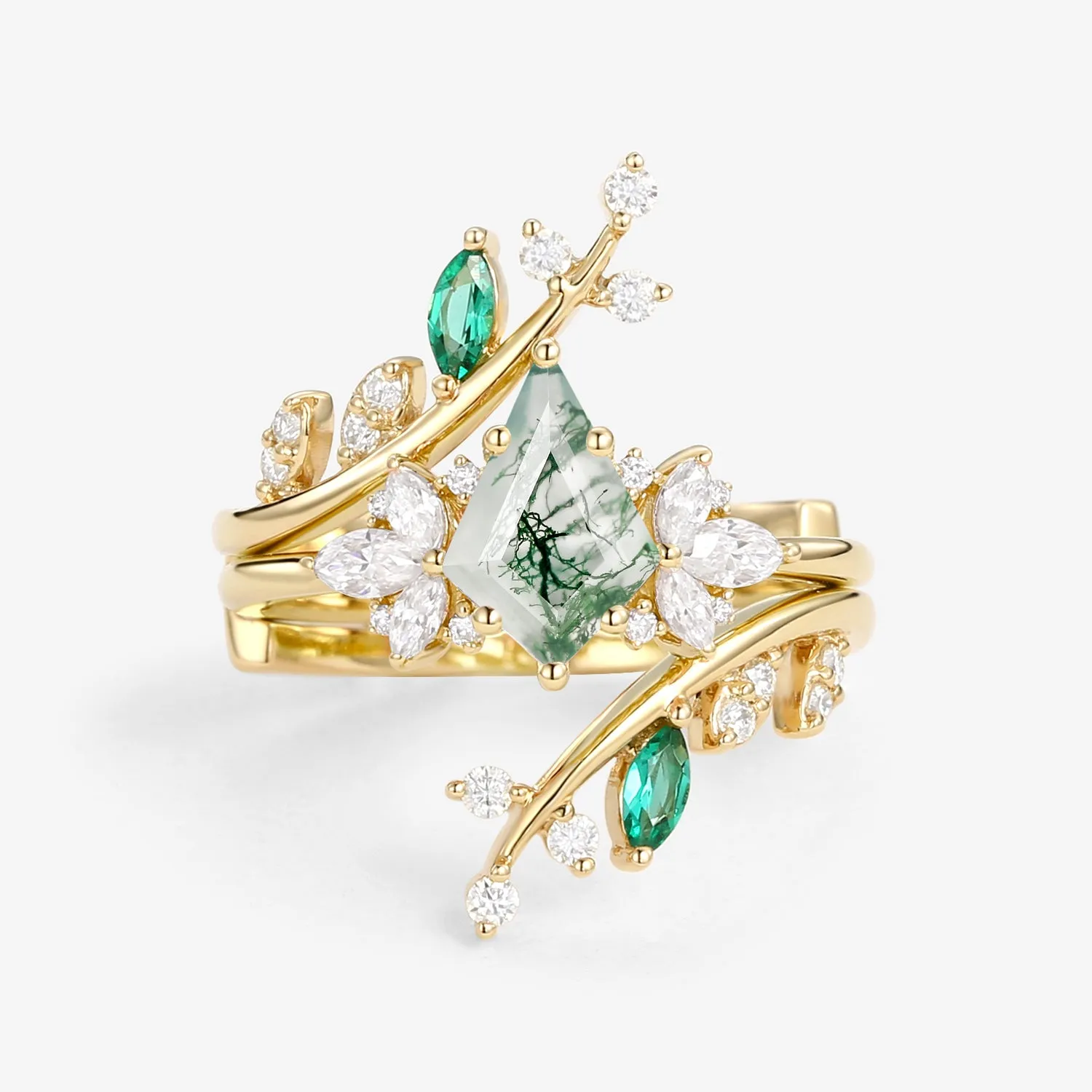 Nature Inspired Kite Cut Moss Agate Cage Leafy Ring 2pcs