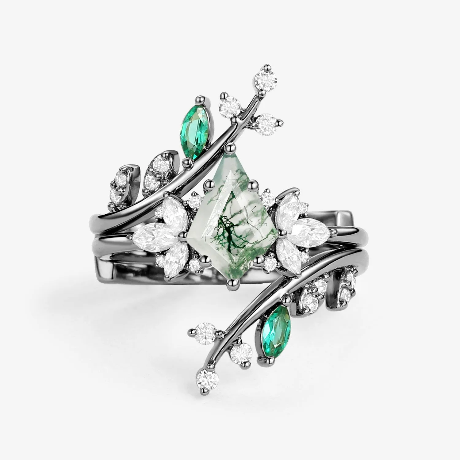 Nature Inspired Kite Cut Moss Agate Cage Leafy Ring 2pcs