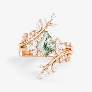 Nature Inspired Kite Cut Moss Agate Cage Leafy Ring 2pcs