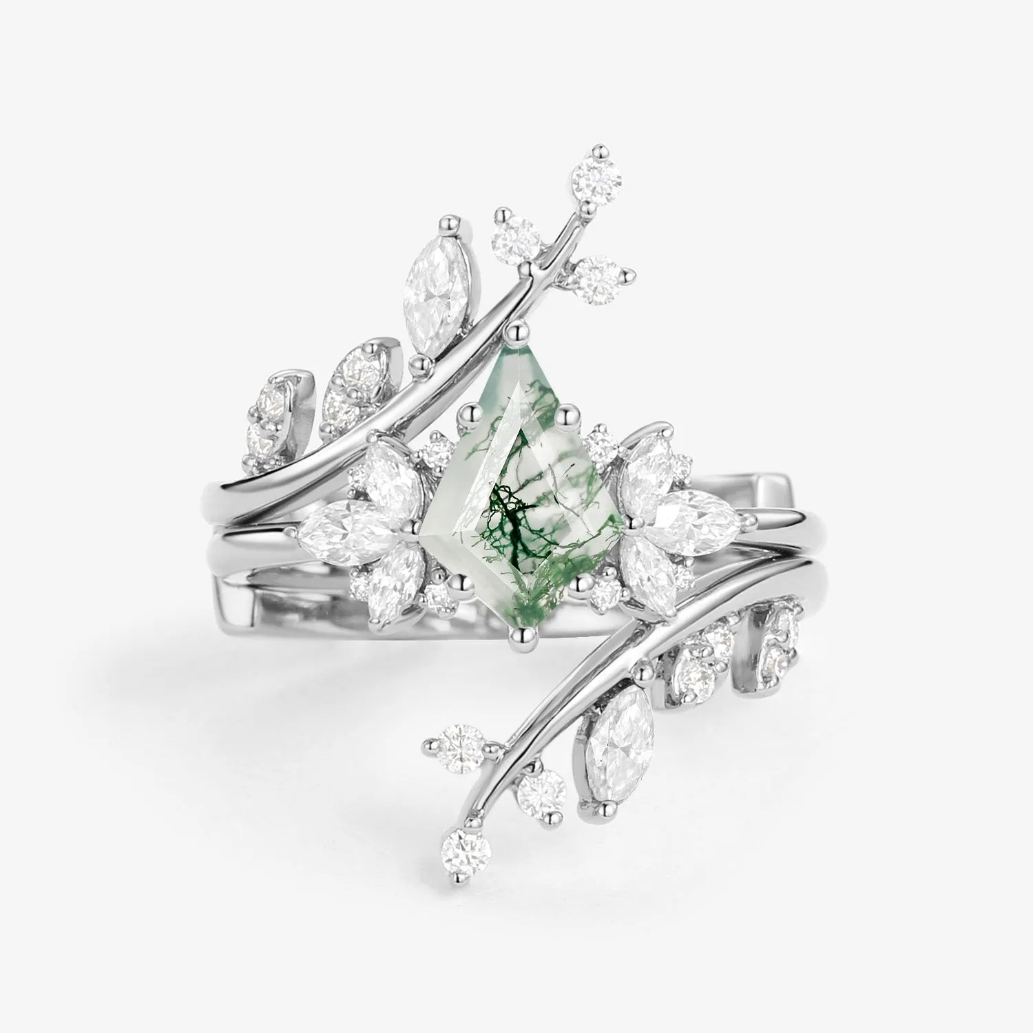 Nature Inspired Kite Cut Moss Agate Cage Leafy Ring 2pcs