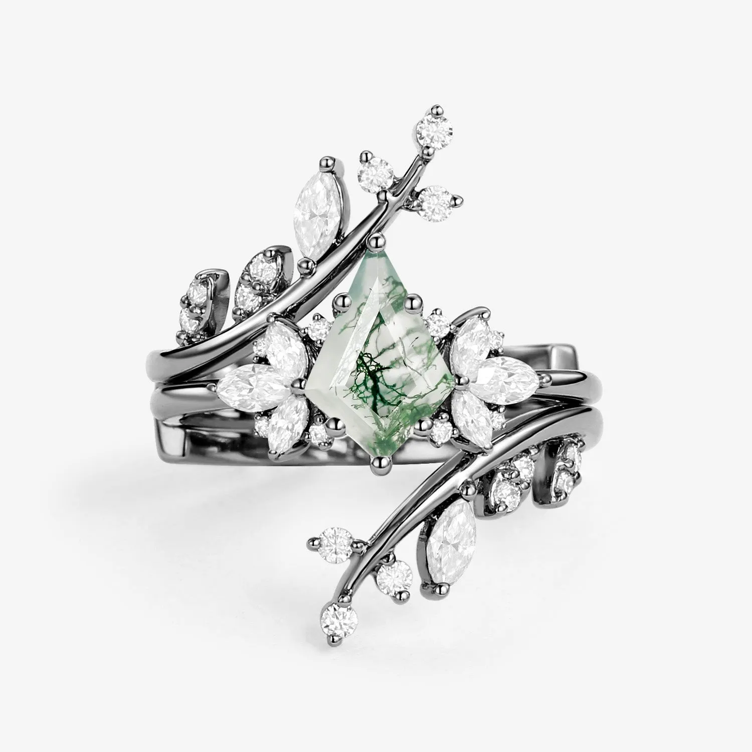 Nature Inspired Kite Cut Moss Agate Cage Leafy Ring 2pcs