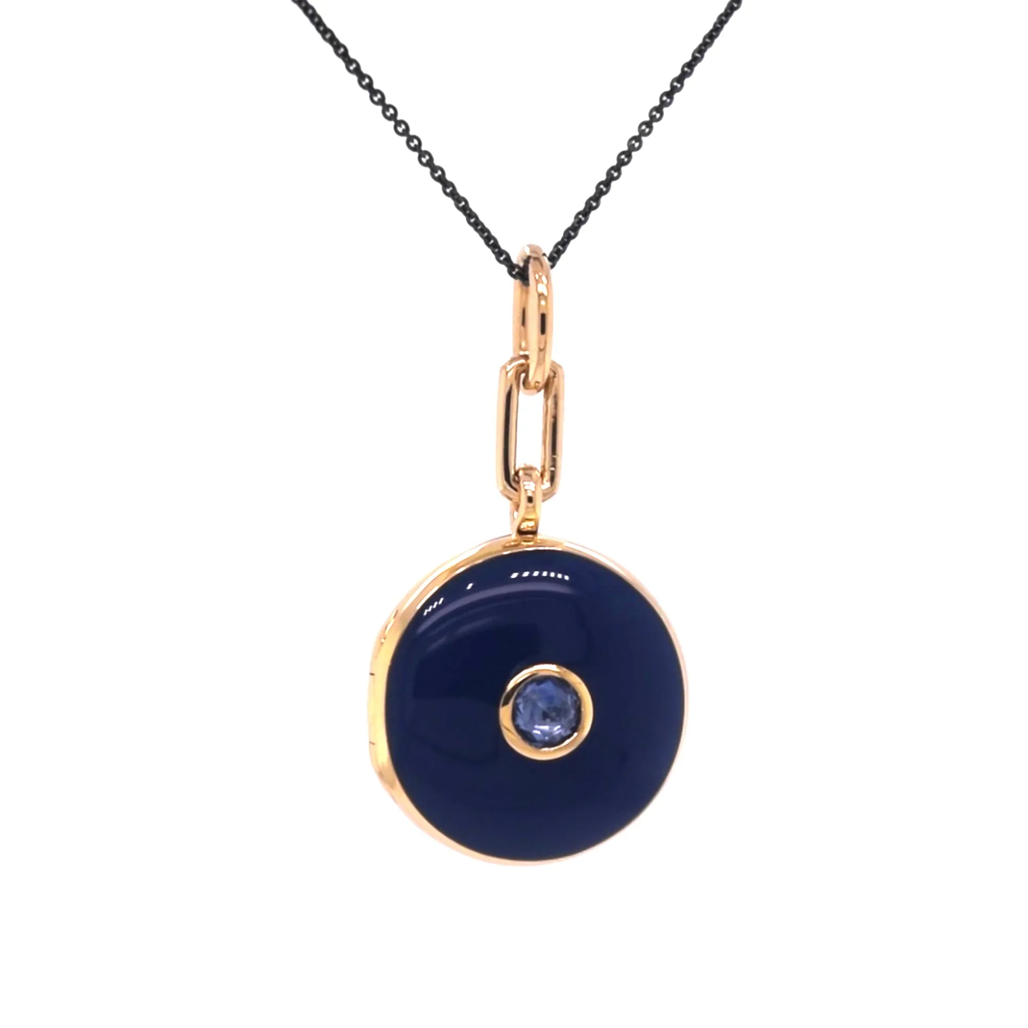 Navy Enamel Vermeil Round Locket with Blue Sapphire