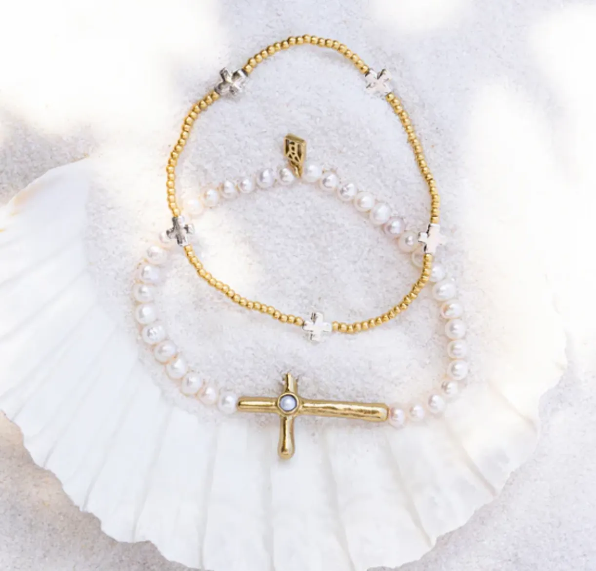 Poetic Cross Pearl Stretch Bracelet