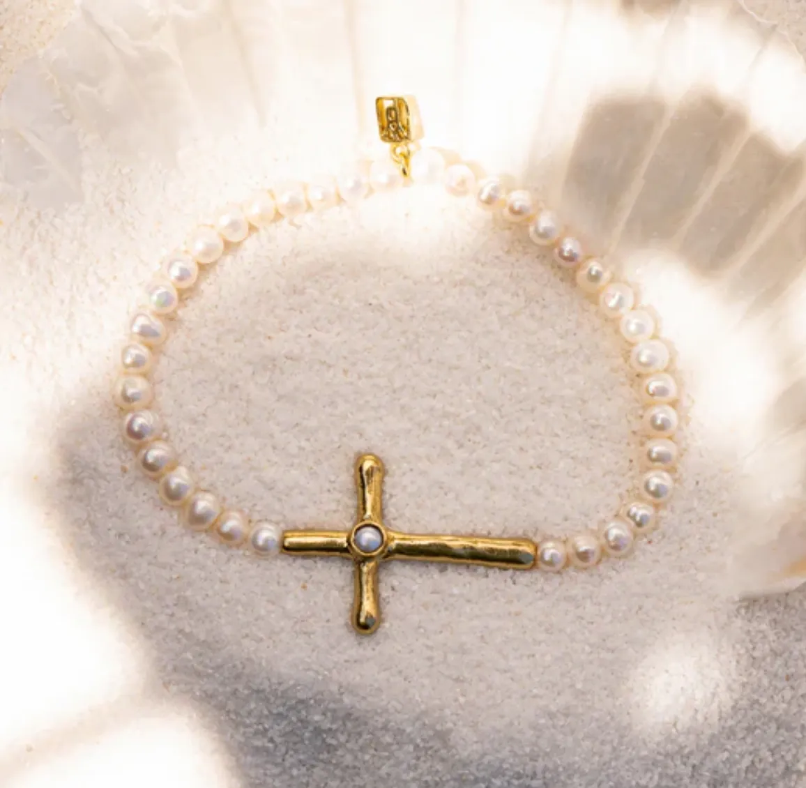 Poetic Cross Pearl Stretch Bracelet