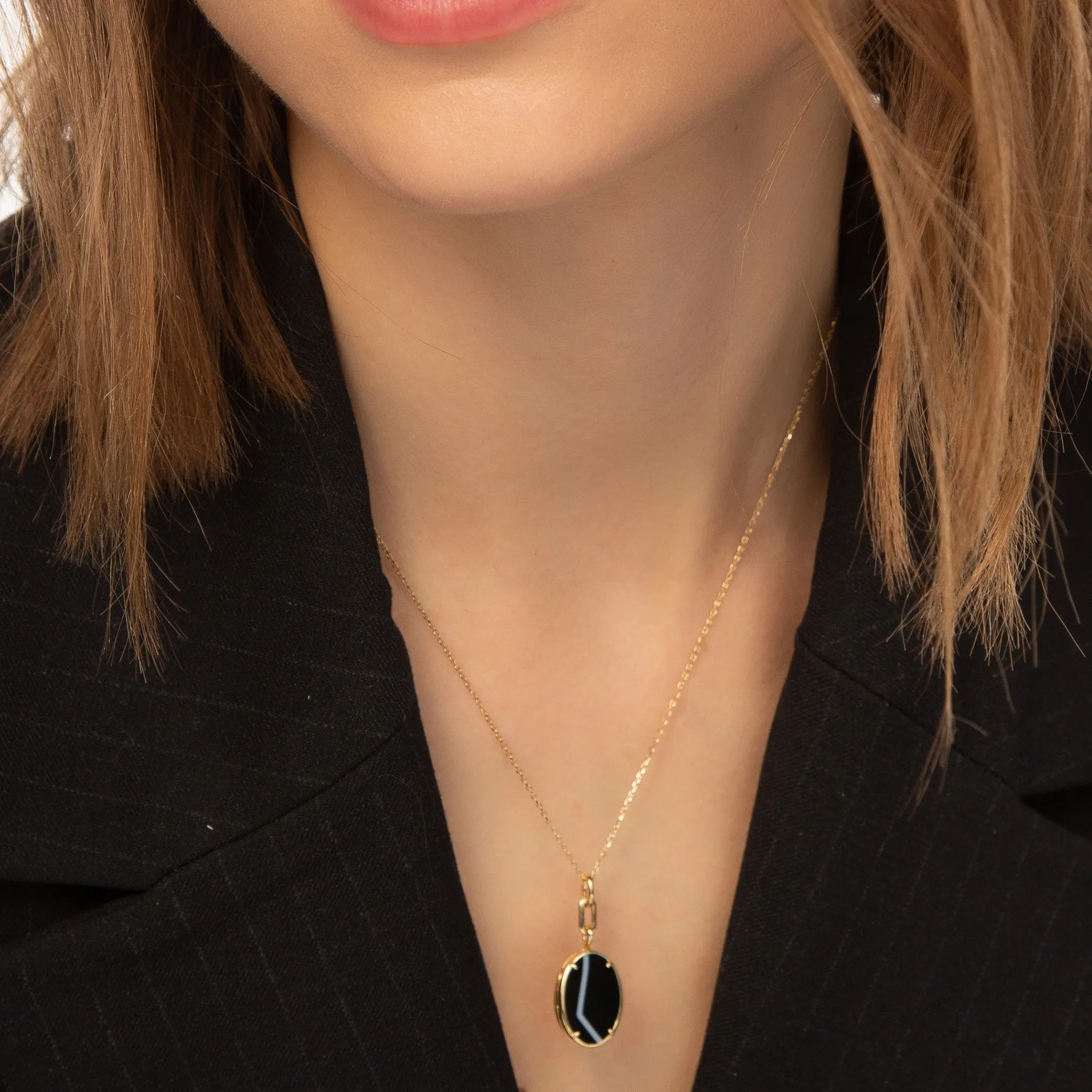 "Elle" Striped Black Agate Stone Slim Locket Necklace
