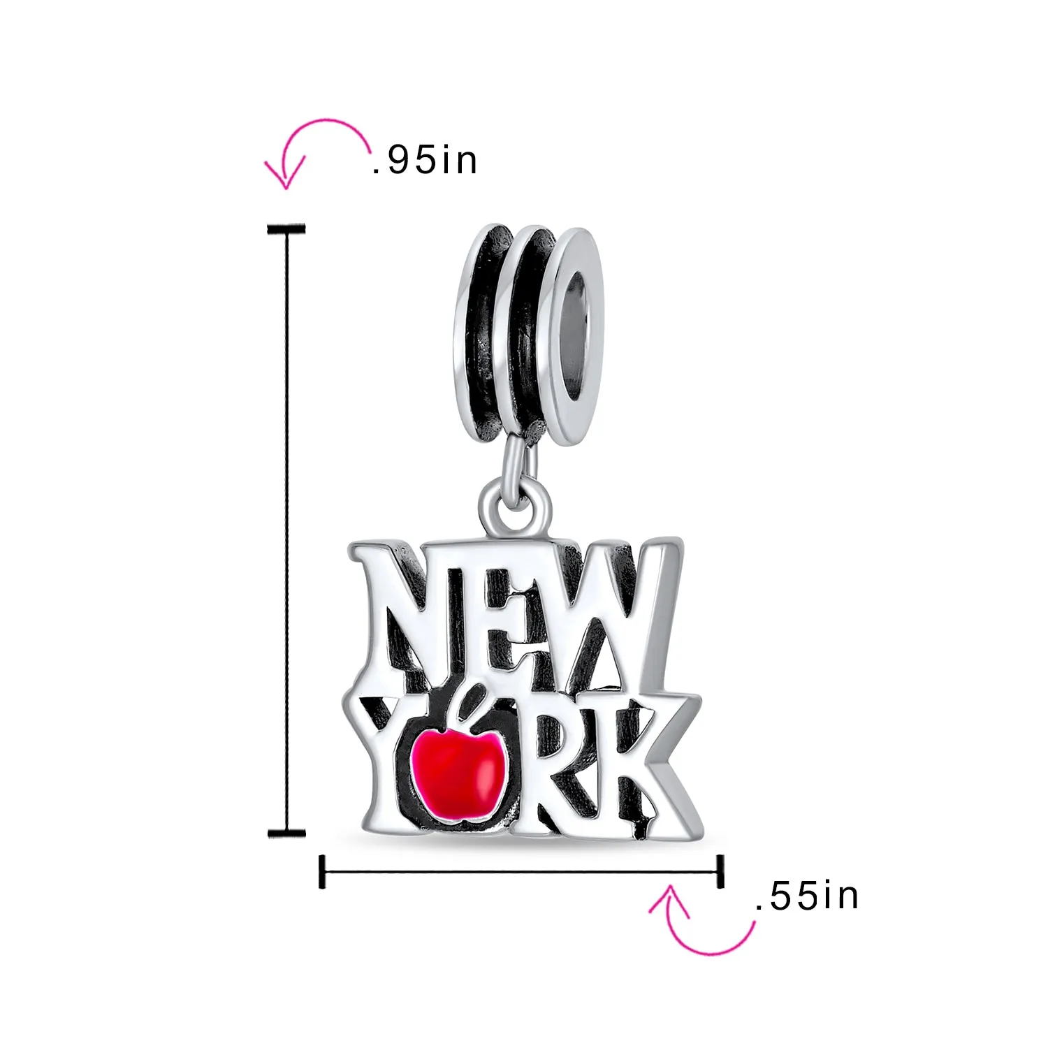 Red Big Apple I Love New York Dangle Charm Bead Enamel Sterling Silver for Bracelet