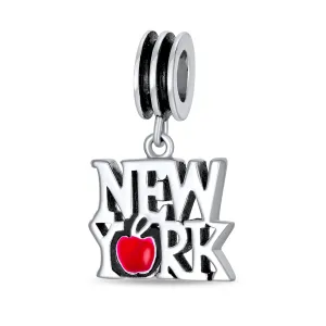 Red Big Apple I Love New York Dangle Charm Bead Enamel Sterling Silver for Bracelet