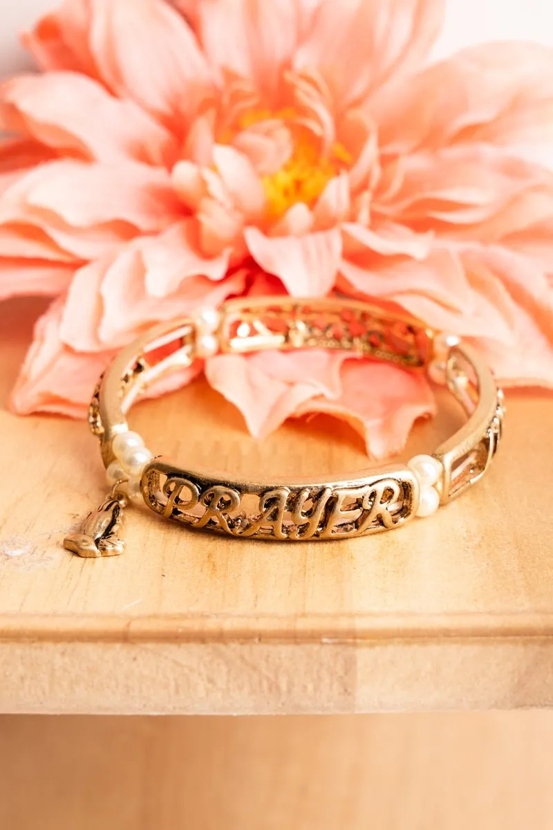 SALE! Burnished Goldtone and Pearls 'Lord's Prayer' Stretch Bracelet