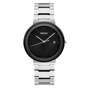 Seiko Men's Black Dial Silver Band Stainless Steel Quartz Watch - SUR485