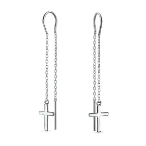 Simple Religious Cross Dangle Earrings Long Chain Ear Cuff & Stud Set Rose Gold  Silver