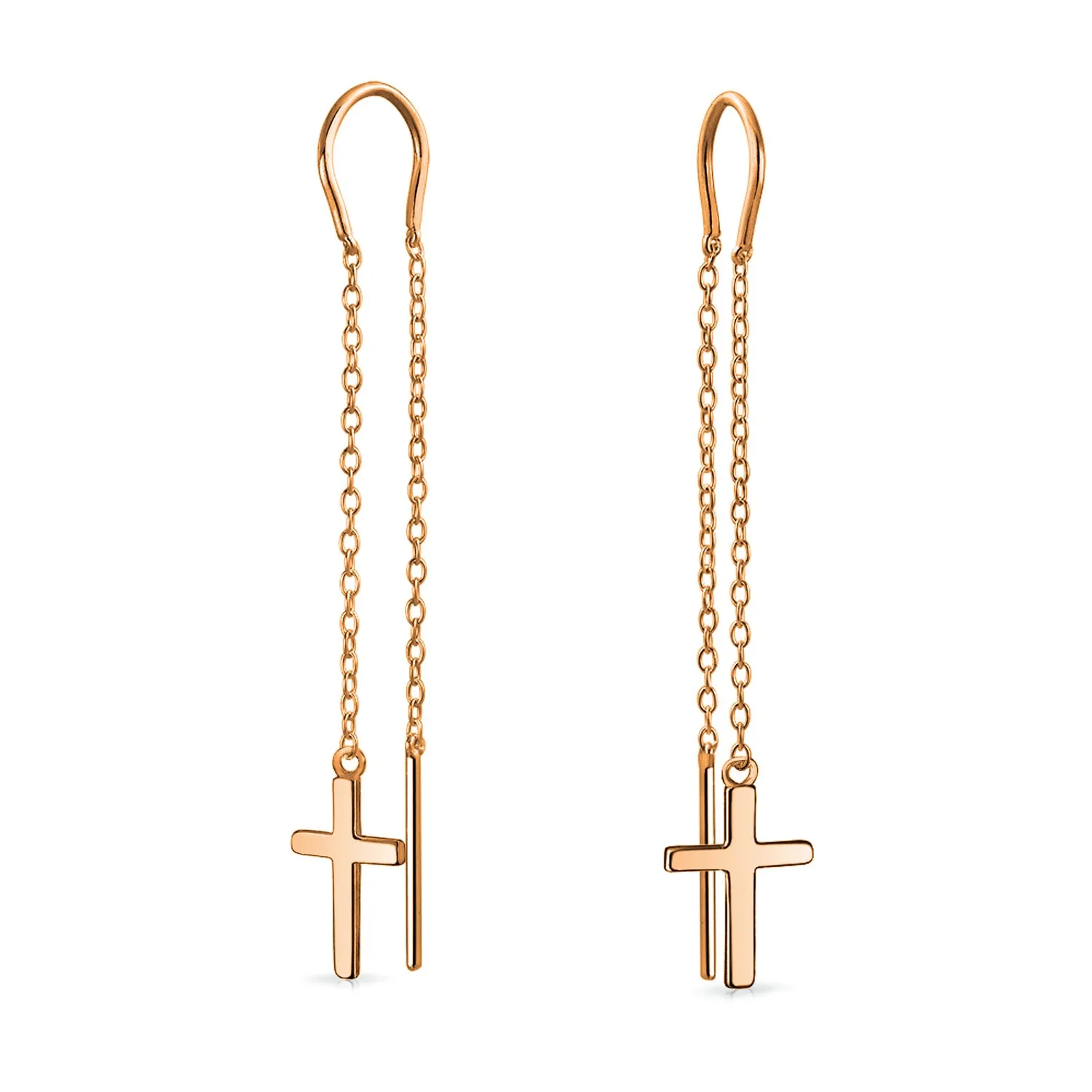Simple Religious Cross Dangle Earrings Long Chain Ear Cuff & Stud Set Rose Gold  Silver