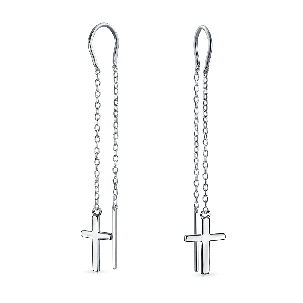 Simple Religious Cross Dangle Earrings Long Chain Ear Cuff & Stud Set Rose Gold  Silver