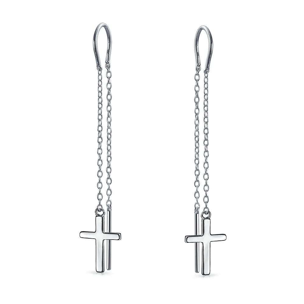 Simple Religious Cross Dangle Earrings Long Chain Ear Cuff & Stud Set Rose Gold  Silver