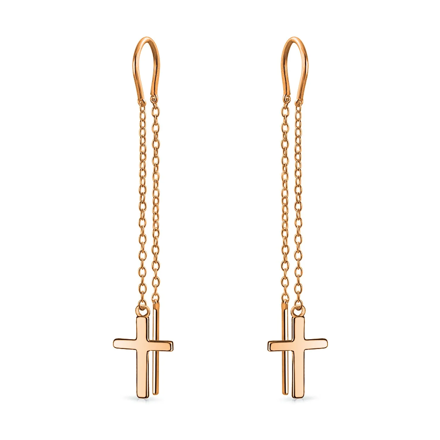 Simple Religious Cross Dangle Earrings Long Chain Ear Cuff & Stud Set Rose Gold  Silver