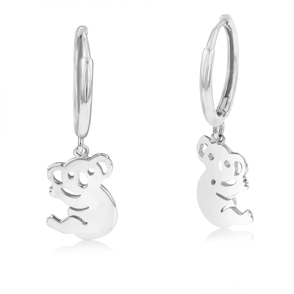 Sterling Silver Rhodium Plated Koala Hoop Earrings