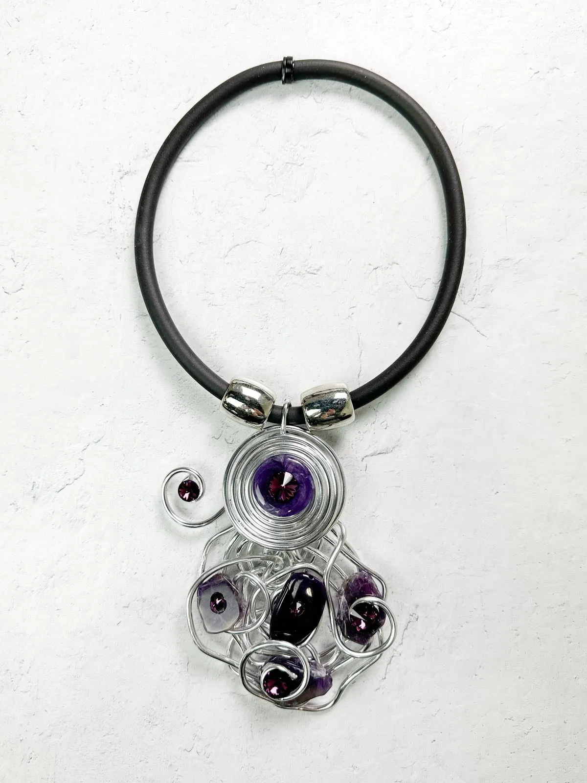 Stone & Crystal Wire Pendant Necklace, Purple/Silver