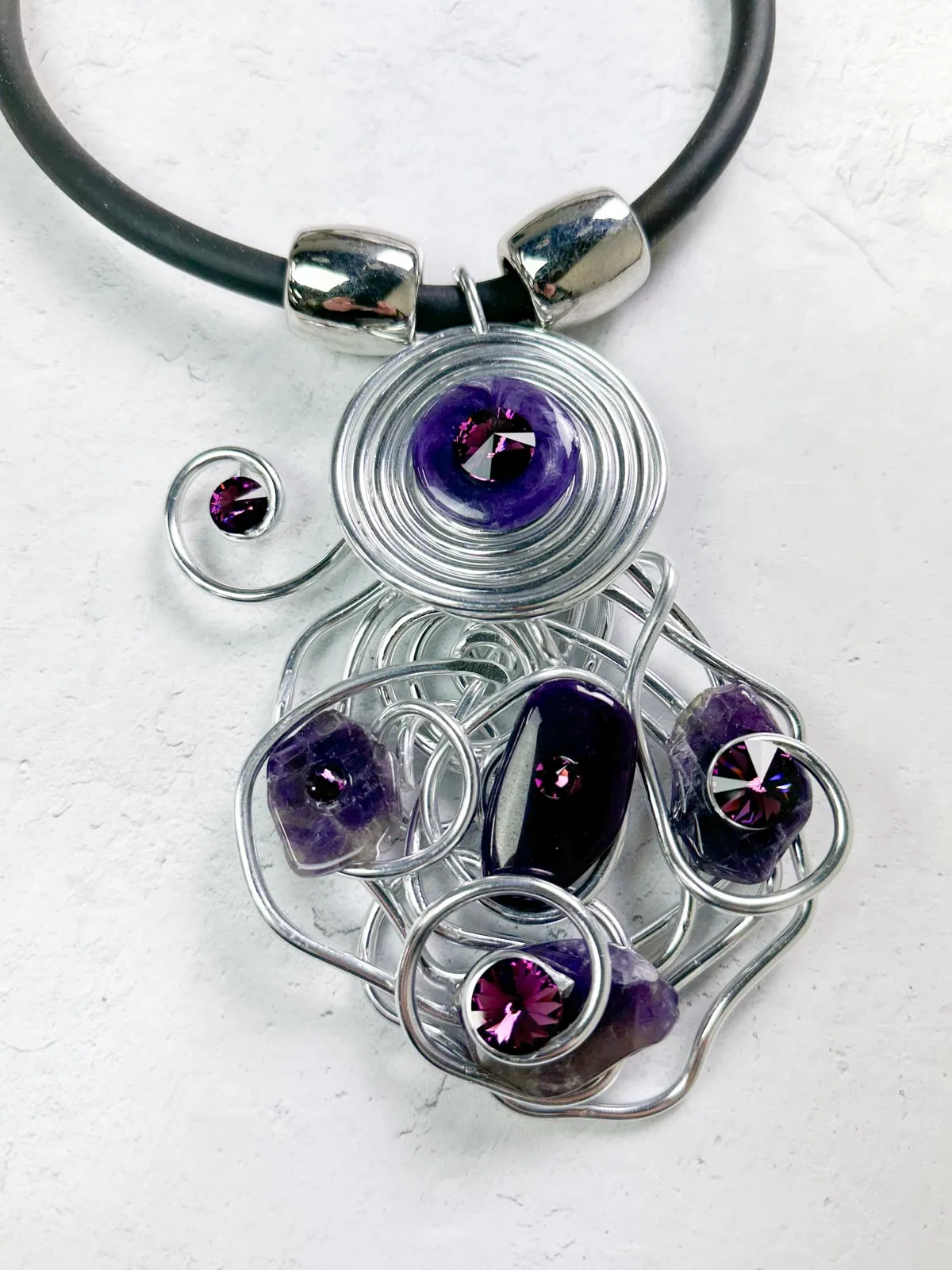 Stone & Crystal Wire Pendant Necklace, Purple/Silver
