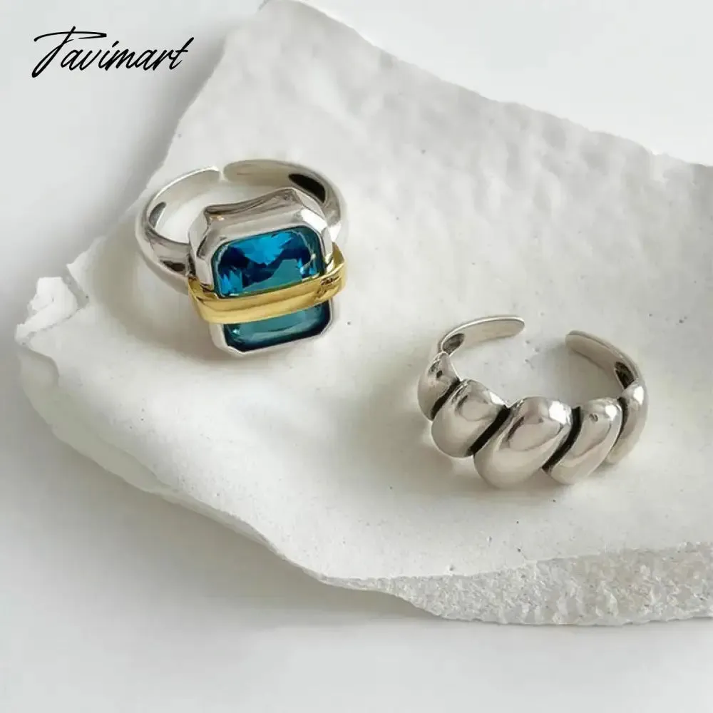 Tavimart Personality Statement Blue Crystal Geometric Rings For Women New Creative Jewelry Open Ring