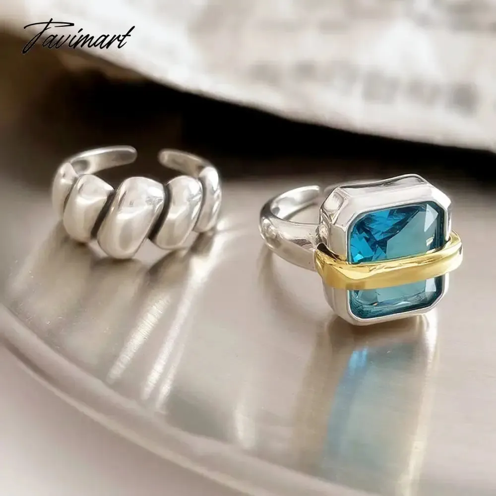 Tavimart Personality Statement Blue Crystal Geometric Rings For Women New Creative Jewelry Open Ring