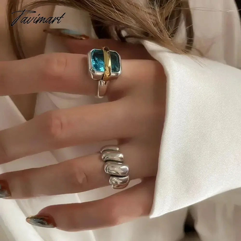 Tavimart Personality Statement Blue Crystal Geometric Rings For Women New Creative Jewelry Open Ring