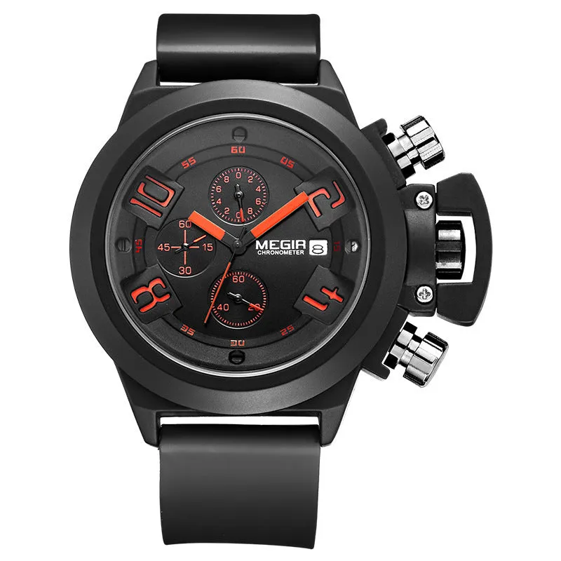 Tempoq Megir Multifunctional Sports Silicone Band 3D Engraved Dial Quartz Watch For Men MG2002