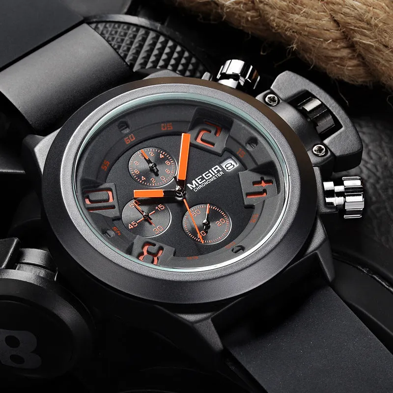 Tempoq Megir Multifunctional Sports Silicone Band 3D Engraved Dial Quartz Watch For Men MG2002