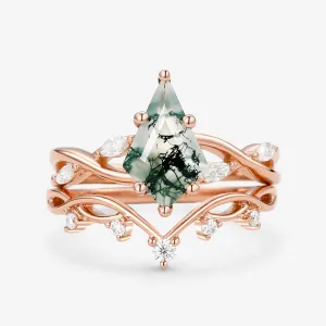 Unique Kite Cut Moss Agate Infinity Engagement Ring Sets 2pcs